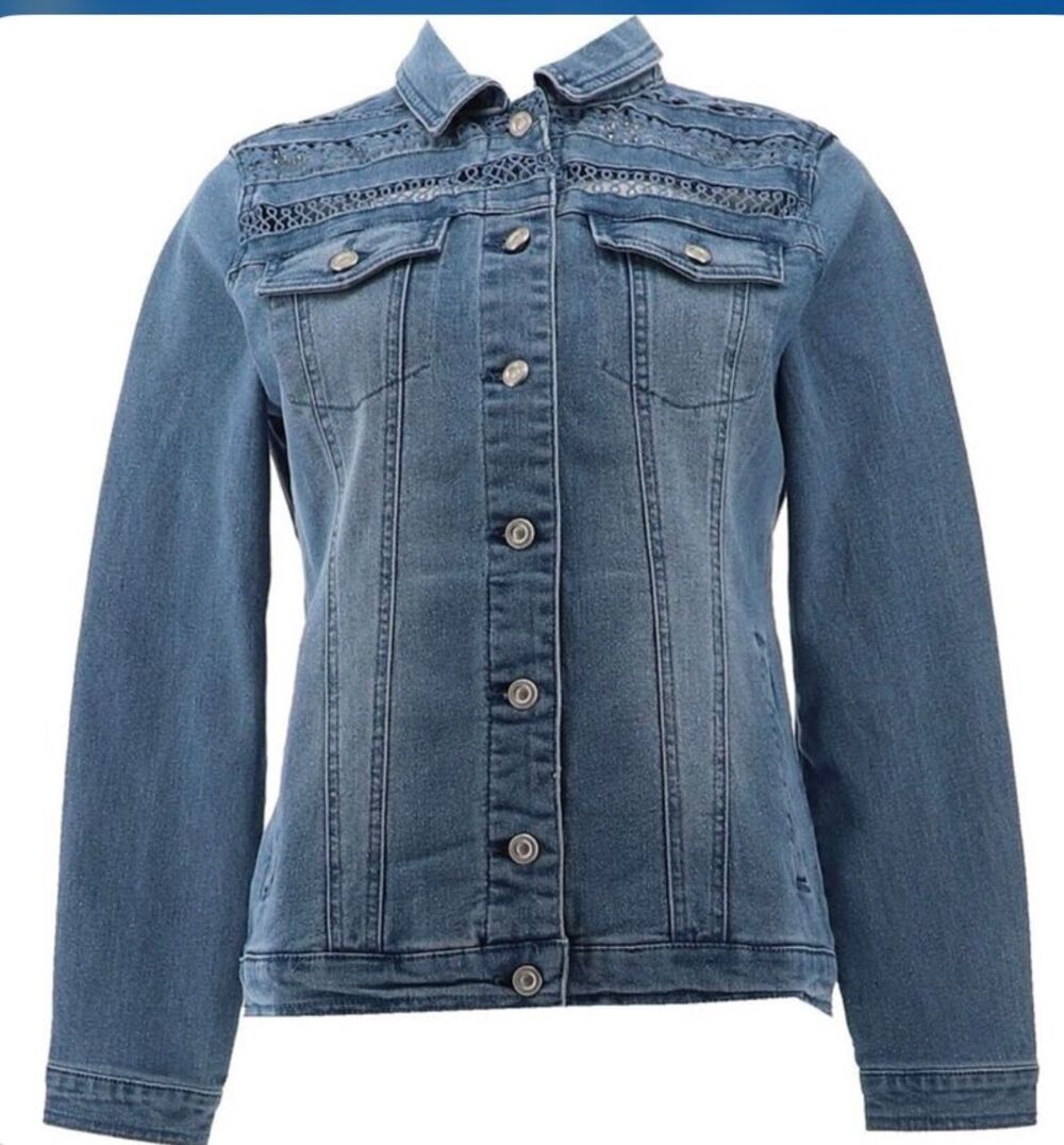 Diane Gilman DG2 Diane Gilman Stretch Crochet Trim Denim Jacket Women's S